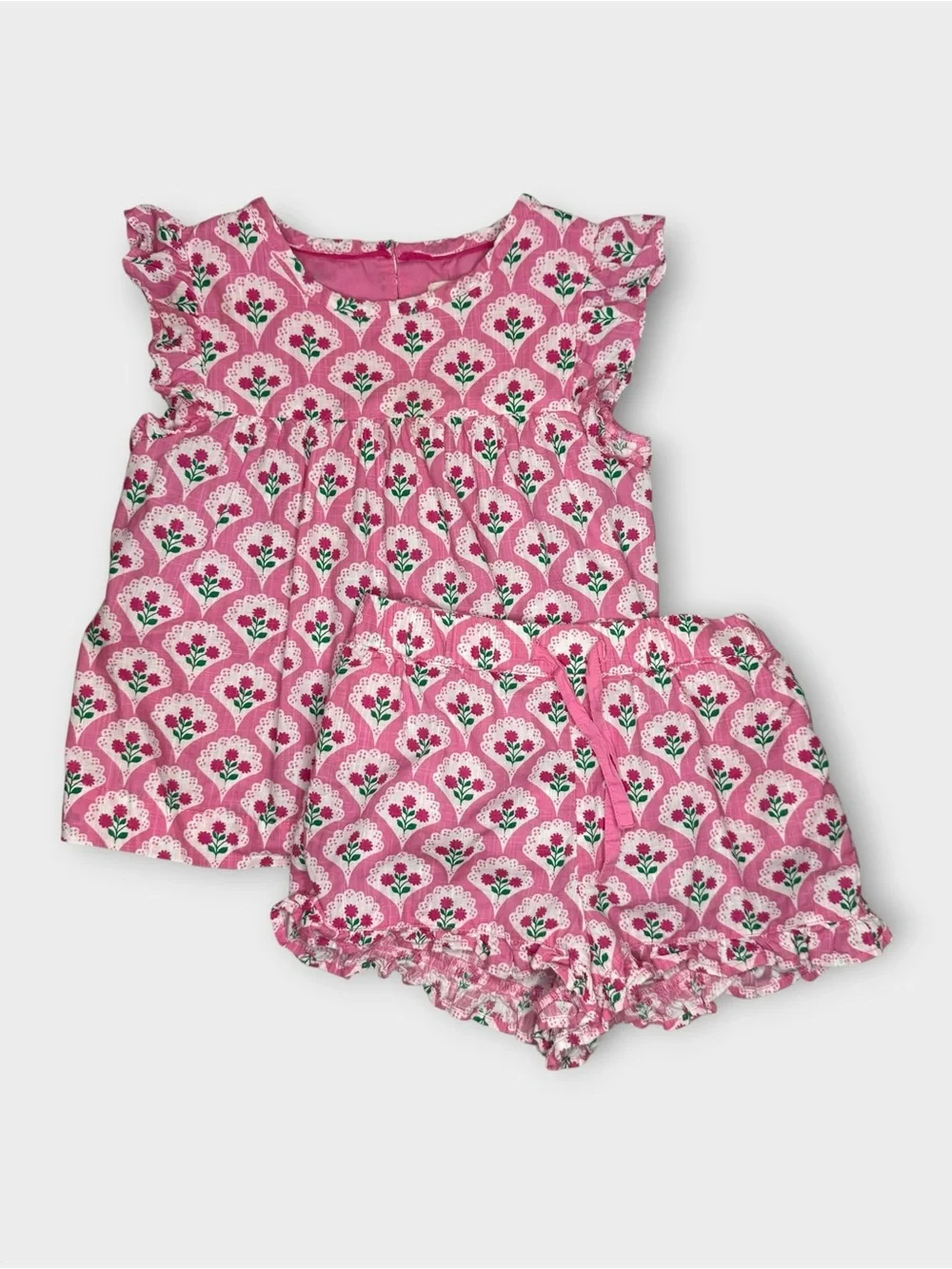 Mini Boden Pink Roses Woodblock Floral Top & Shorts Matching Set